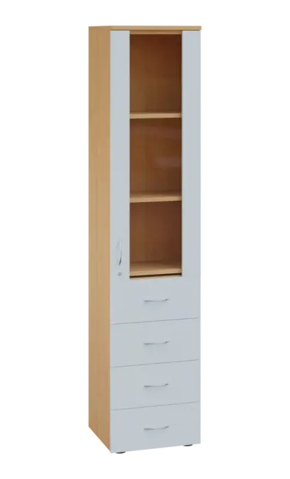 LE - 44 skříň léková prosklená, pravá, korpus javor horský, dvířka bílá